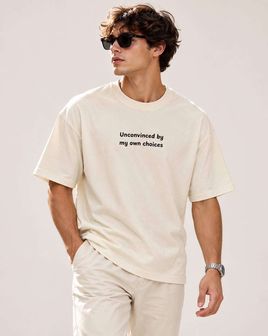 Men's Premium Oversized T-shirt "Unconvinced by my Own Choices"