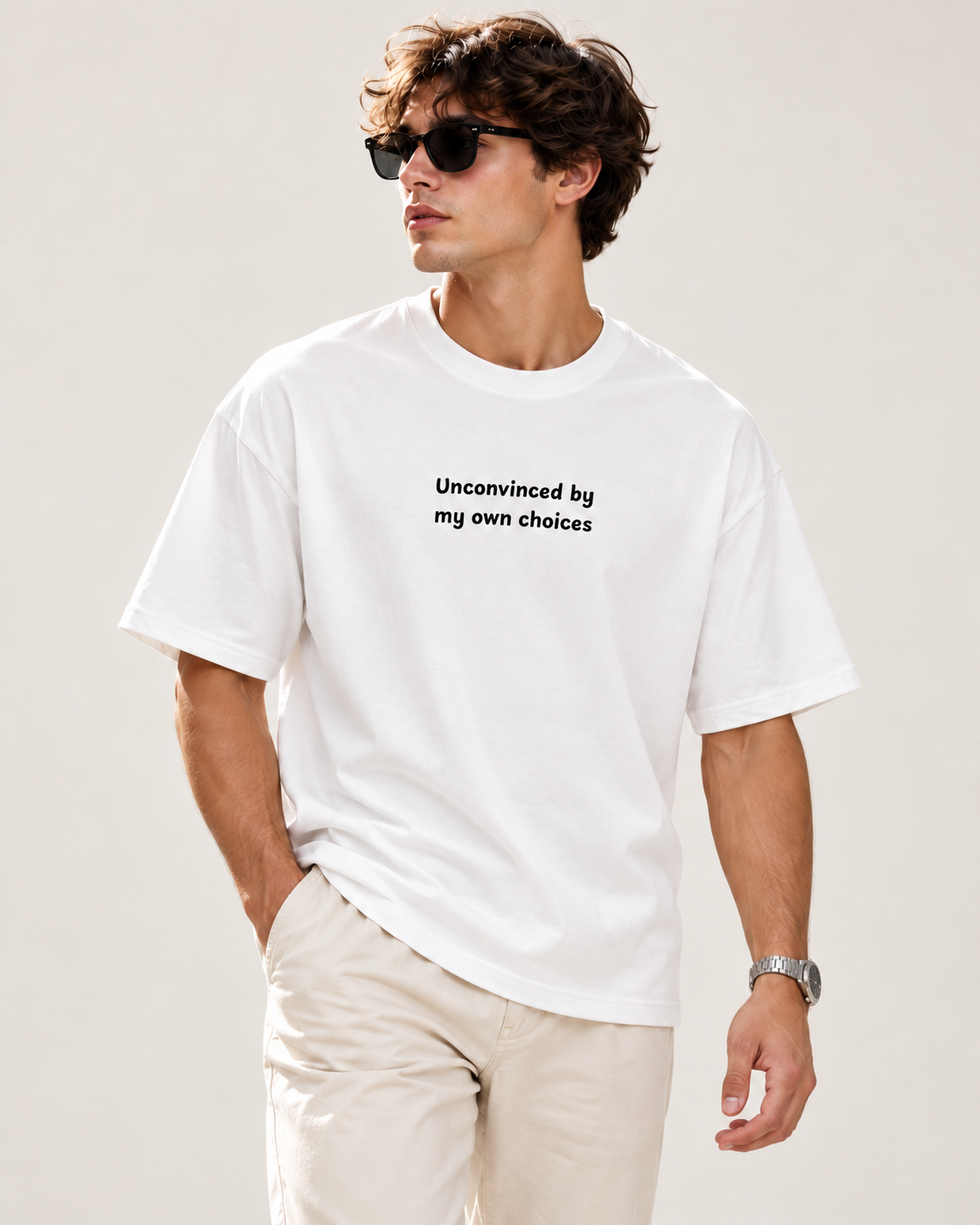 Men's Premium Oversized T-shirt "Unconvinced by my Own Choices"