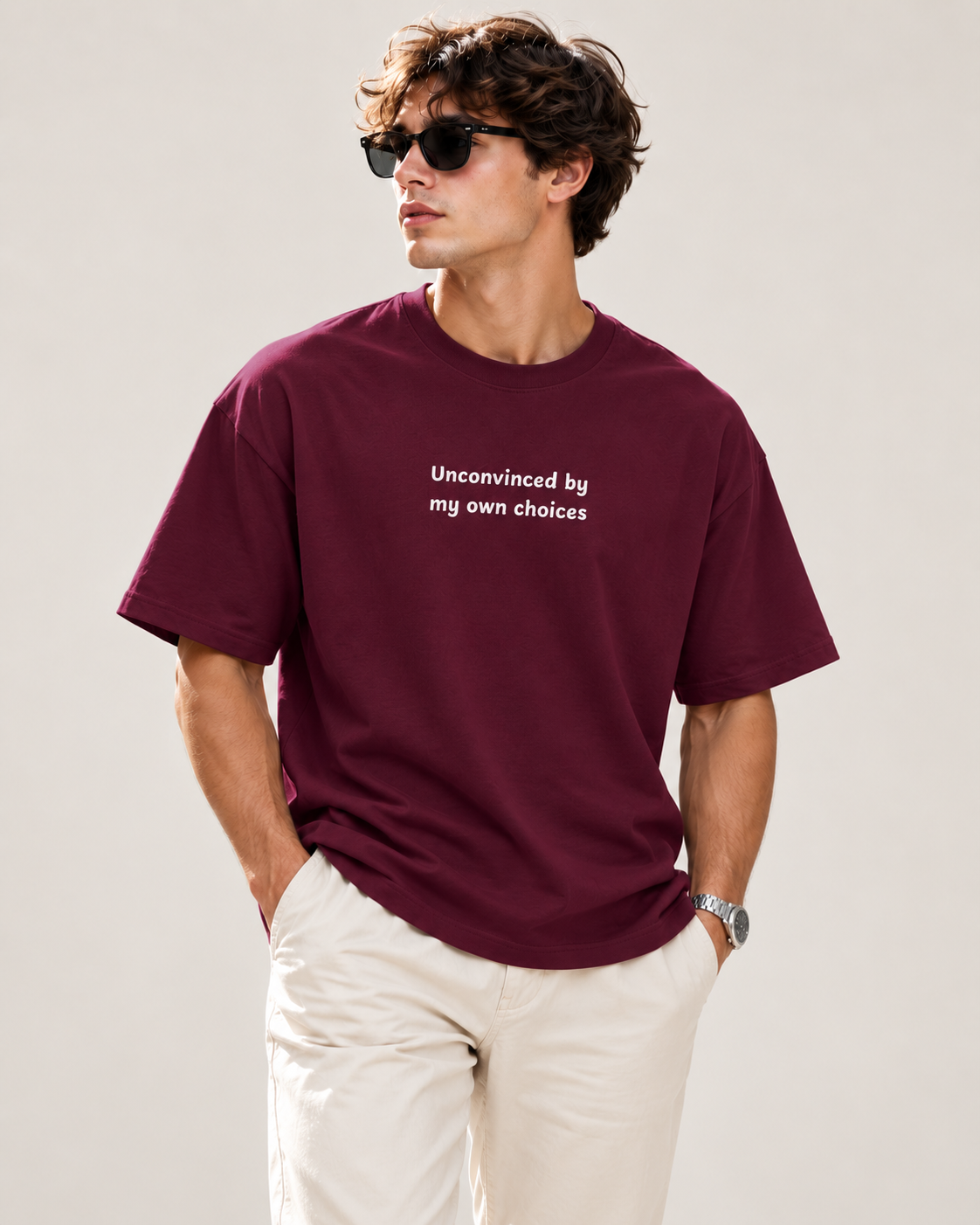 Men's Premium Oversized T-shirt "Unconvinced by my Own Choices"