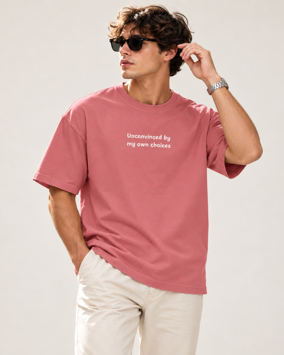 Men's Premium Oversized T-shirt "Unconvinced by my Own Choices"