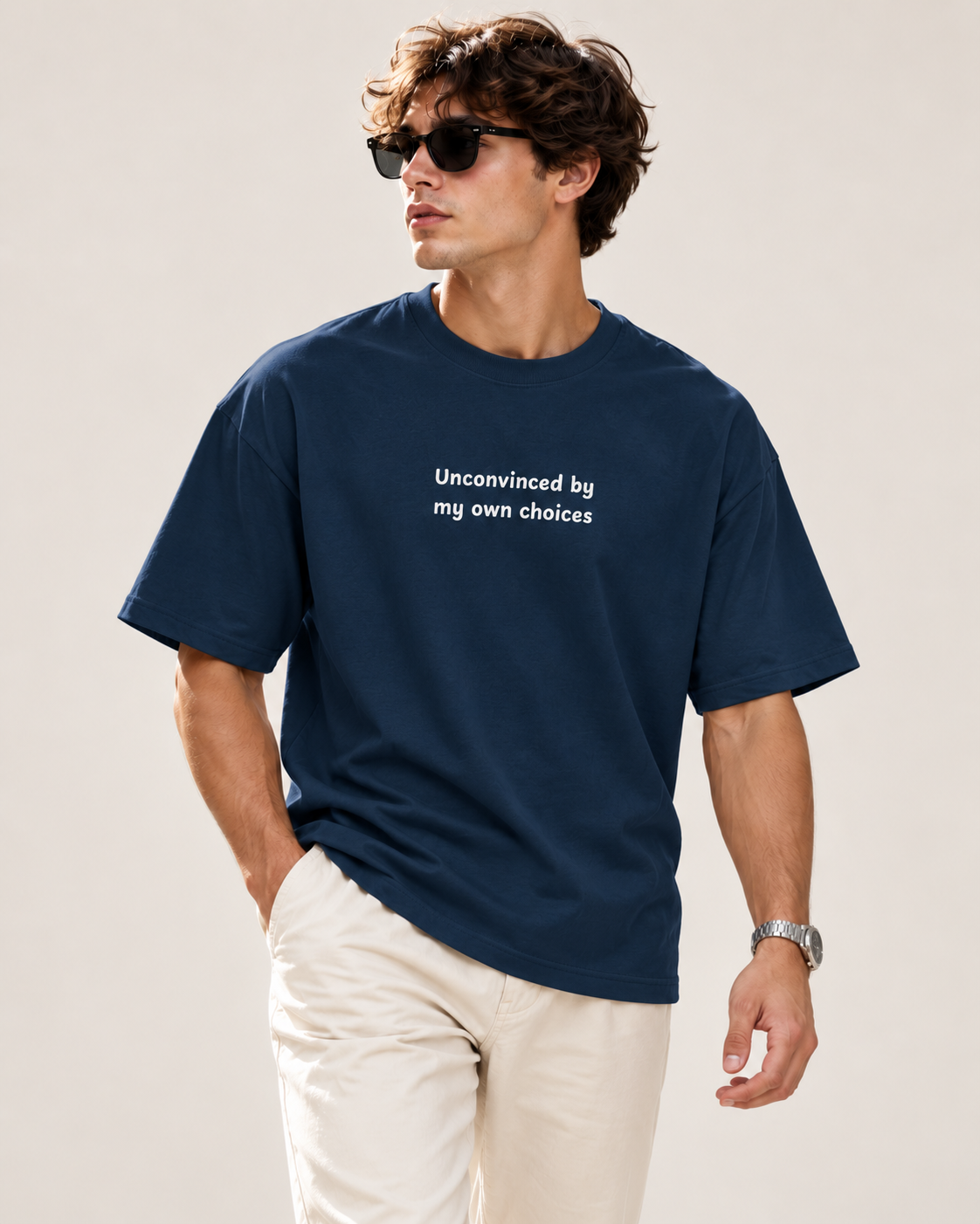 Men's Premium Oversized T-shirt "Unconvinced by my Own Choices"
