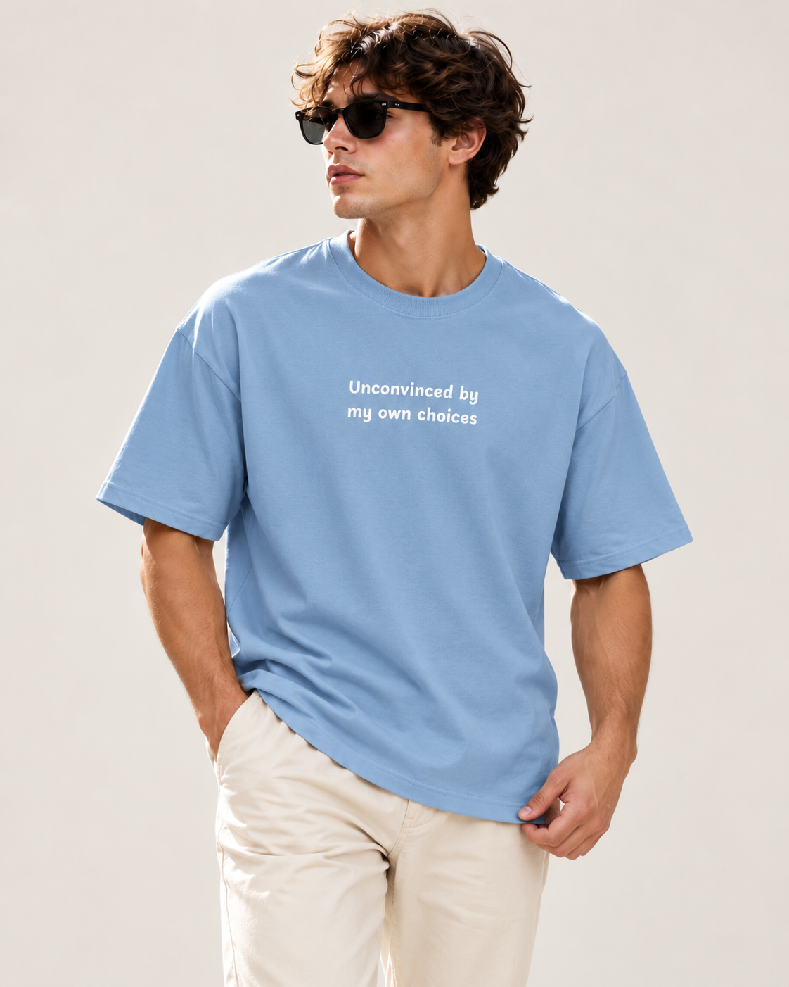 Men's Premium Oversized T-shirt "Unconvinced by my Own Choices"