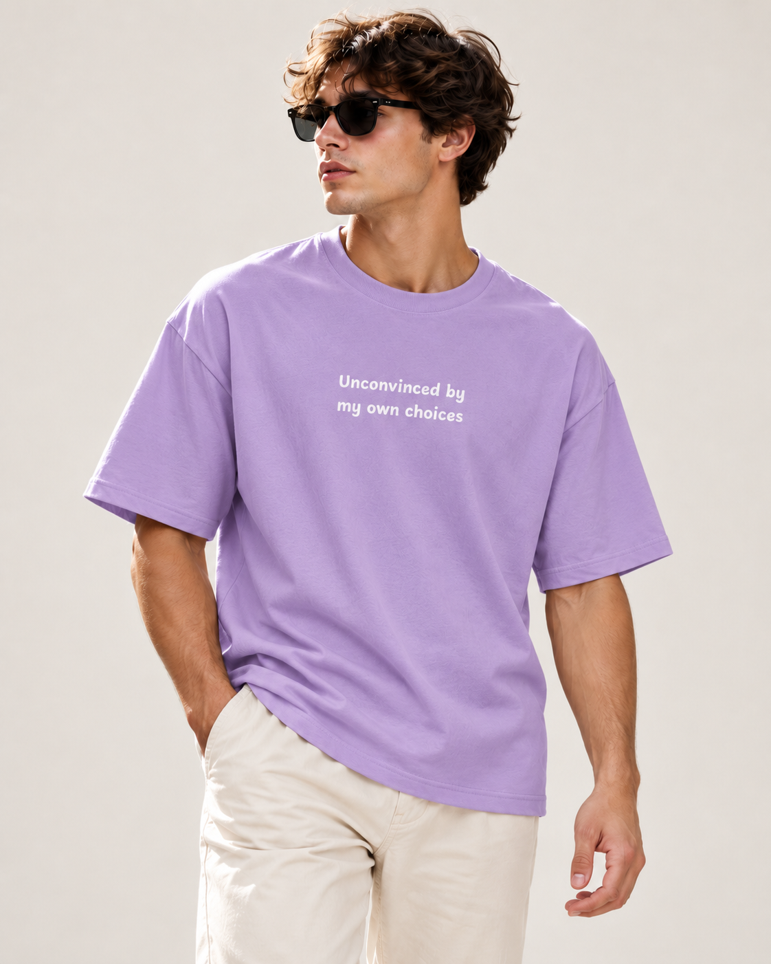 Men's Premium Oversized T-shirt "Unconvinced by my Own Choices"